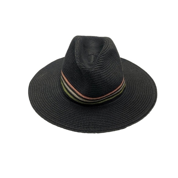BLACK Fedora straw sun beach summer hat colourful stripes wide brim women’s - Picture 1 of 13